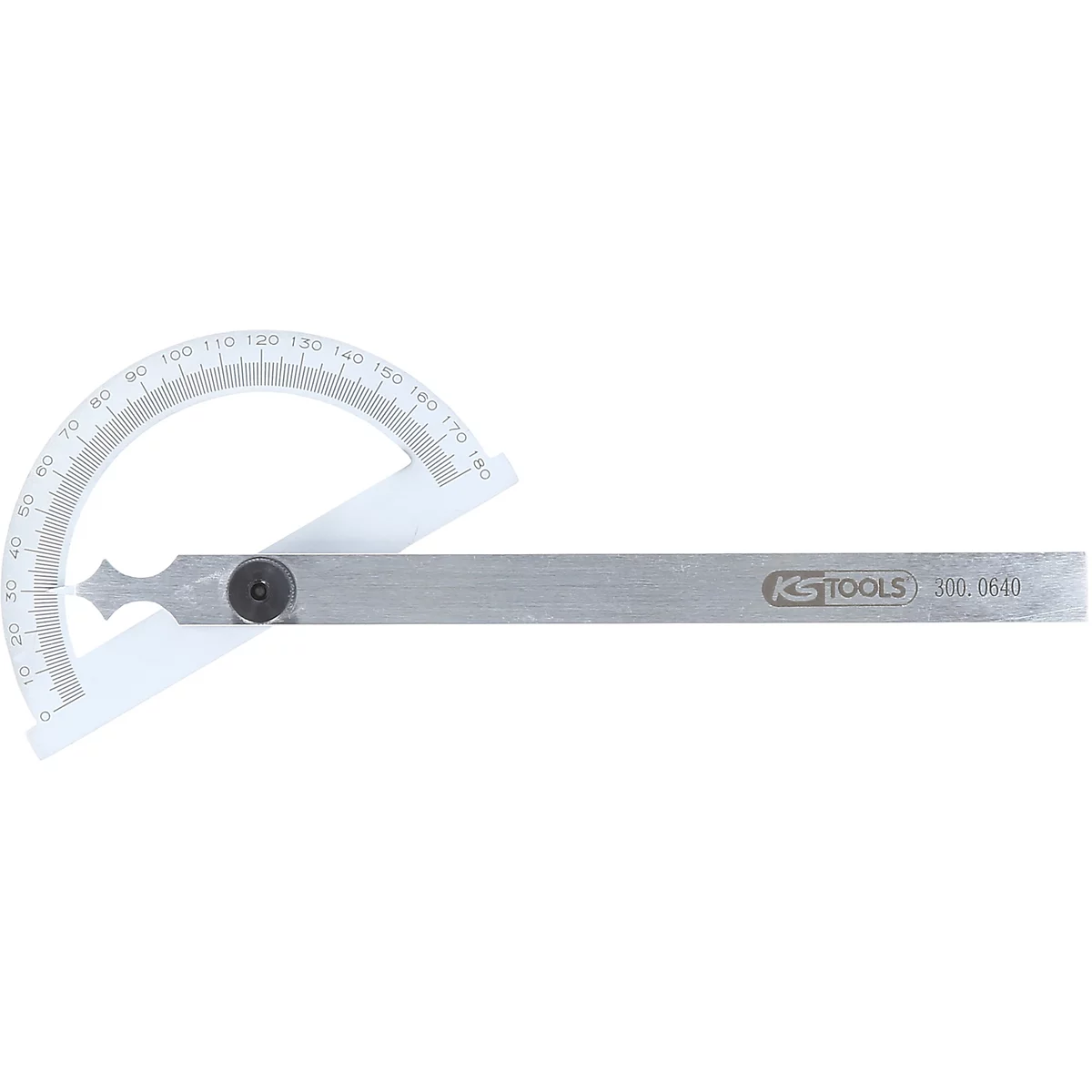 Ein Winkelmesser aus Metall mit weißer Skala, Schraube und Griff. Auf dem Griff steht: KS Tools.